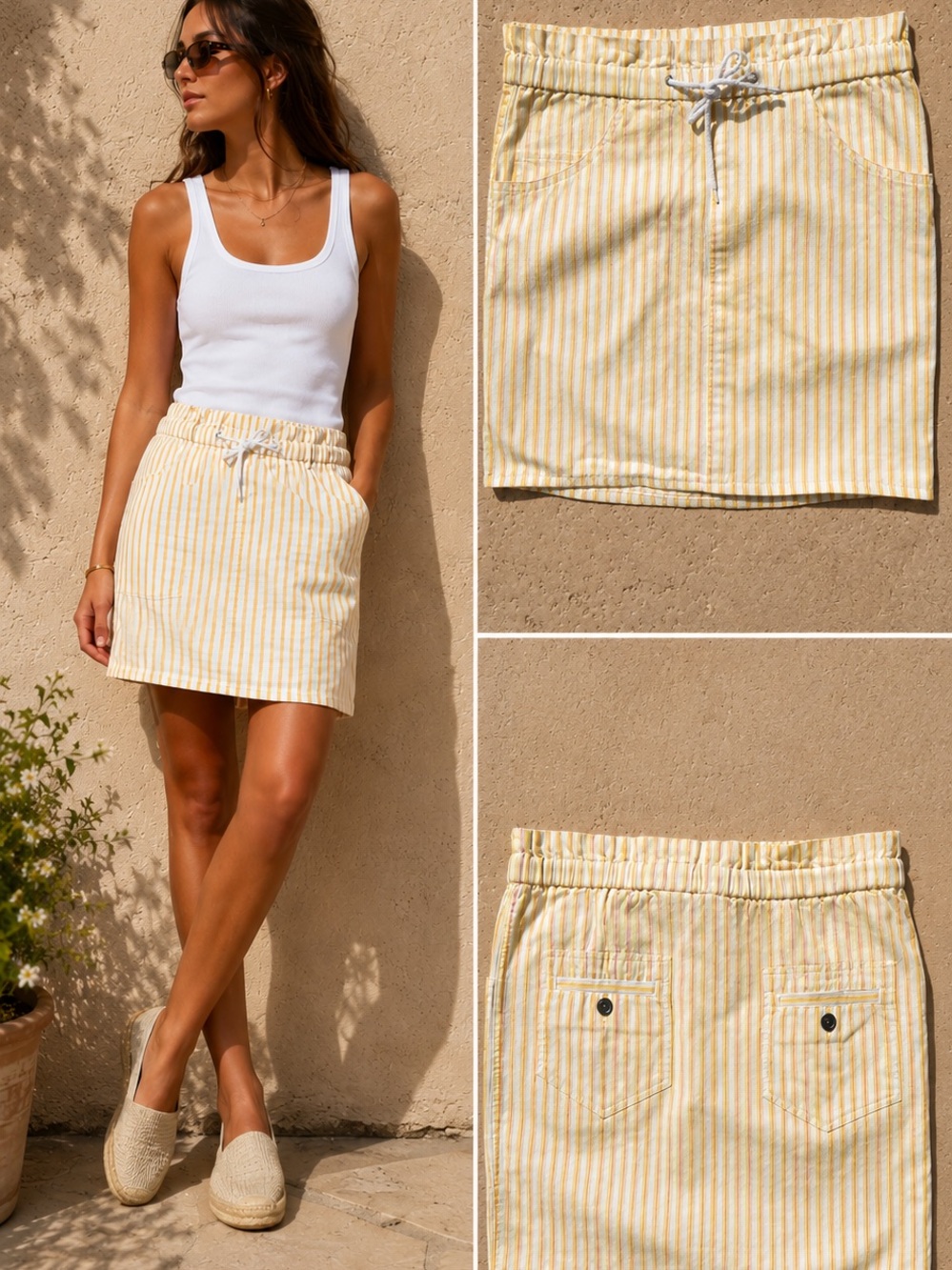 LizSport 100% Cotton Yellow White Striped Drawstring Mini Skirt Small